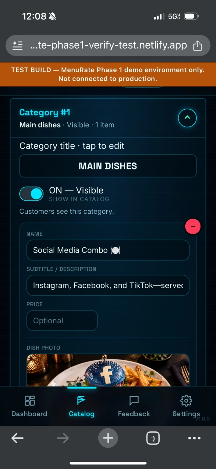 MenuRate catalog editor with categories, item details and photos