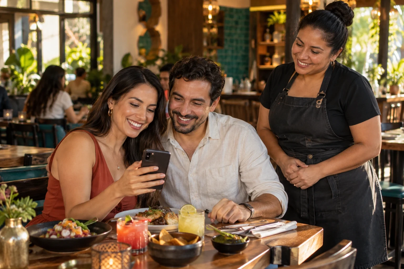 Restaurant owner sharing a warm moment with her guests